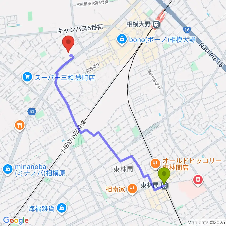東林間駅から相模原南市民ホールへのルートマップ地図