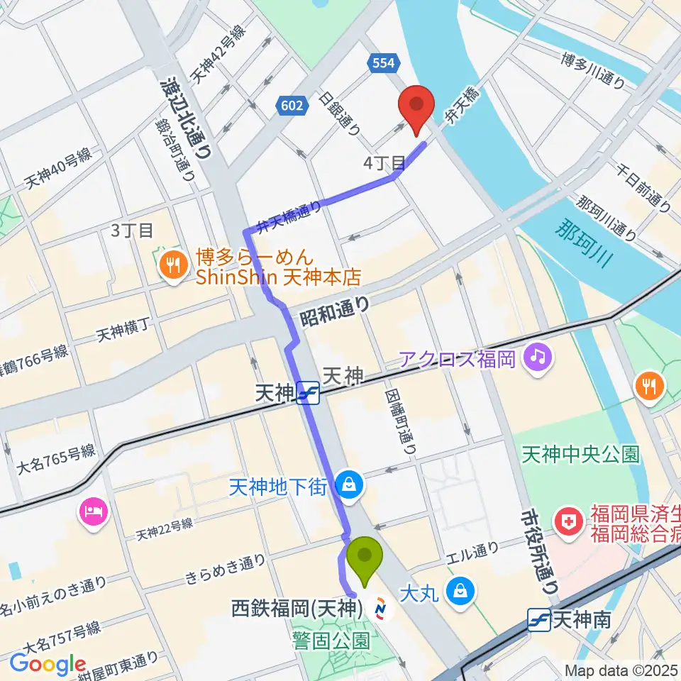 西鉄福岡（天神）駅からセブンカラーズアーティスト福岡天神校へのルートマップ地図