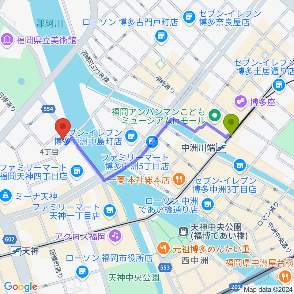 中洲川端駅からセブンカラーズアーティスト福岡天神校へのルートマップ地図