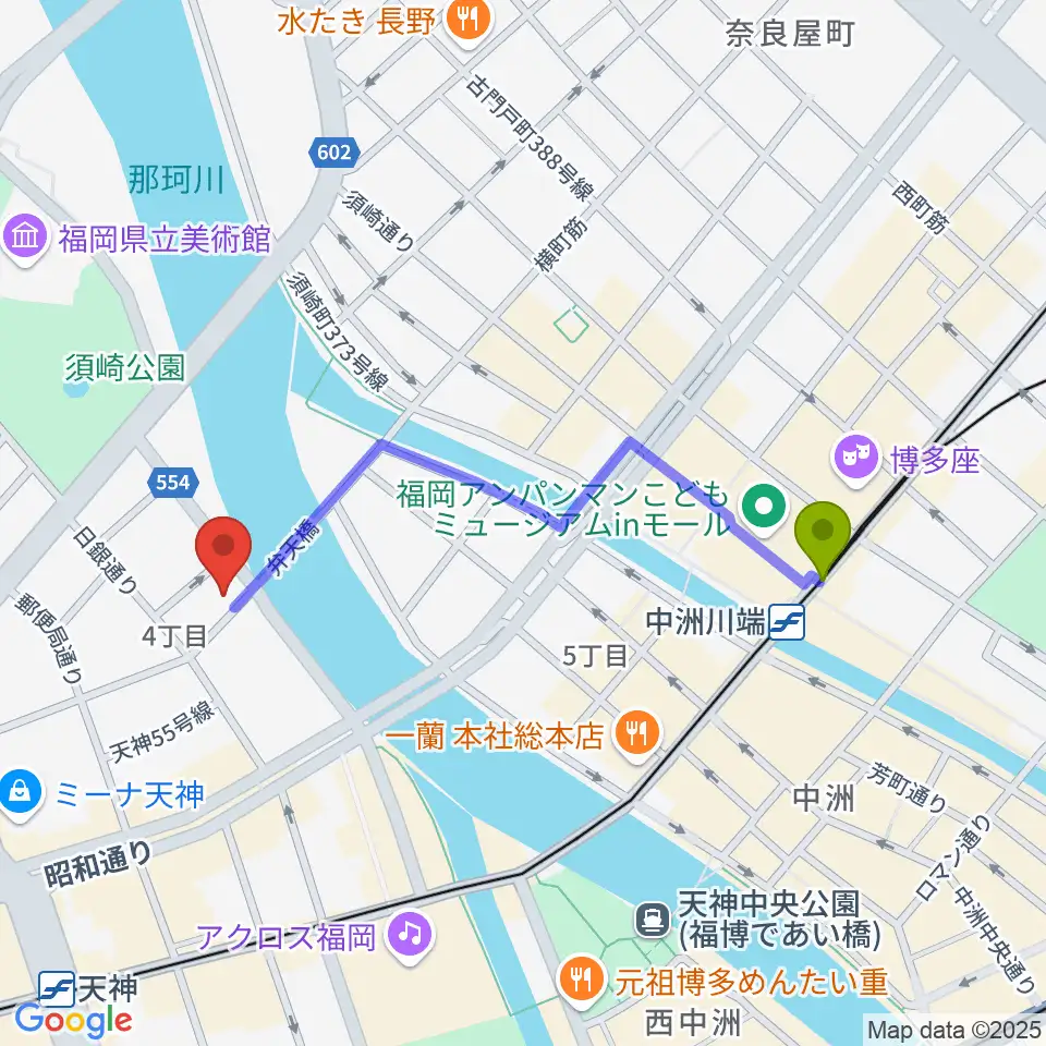 中洲川端駅からセブンカラーズアーティスト福岡天神校へのルートマップ地図