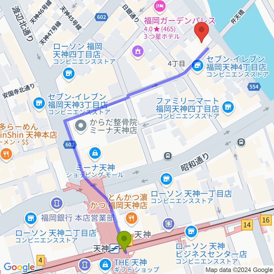 セブンカラーズアーティスト福岡天神校の最寄駅天神駅からの徒歩ルート（約6分）地図