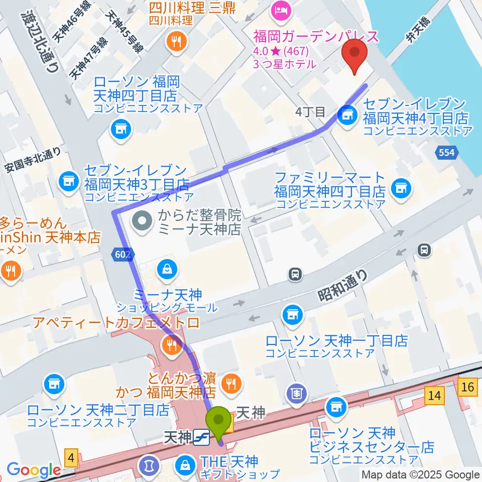 セブンカラーズアーティスト福岡天神校の最寄駅天神駅からの徒歩ルート（約6分）地図