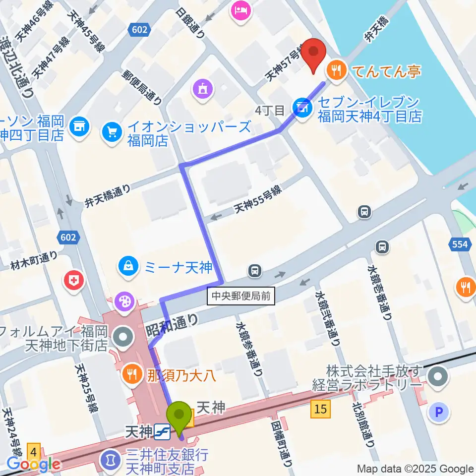 セブンカラーズアーティスト福岡天神校の最寄駅天神駅からの徒歩ルート（約6分）地図