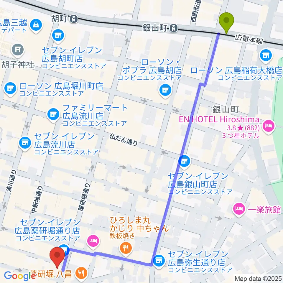 銀山町駅からクラブクリーム広島へのルートマップ地図