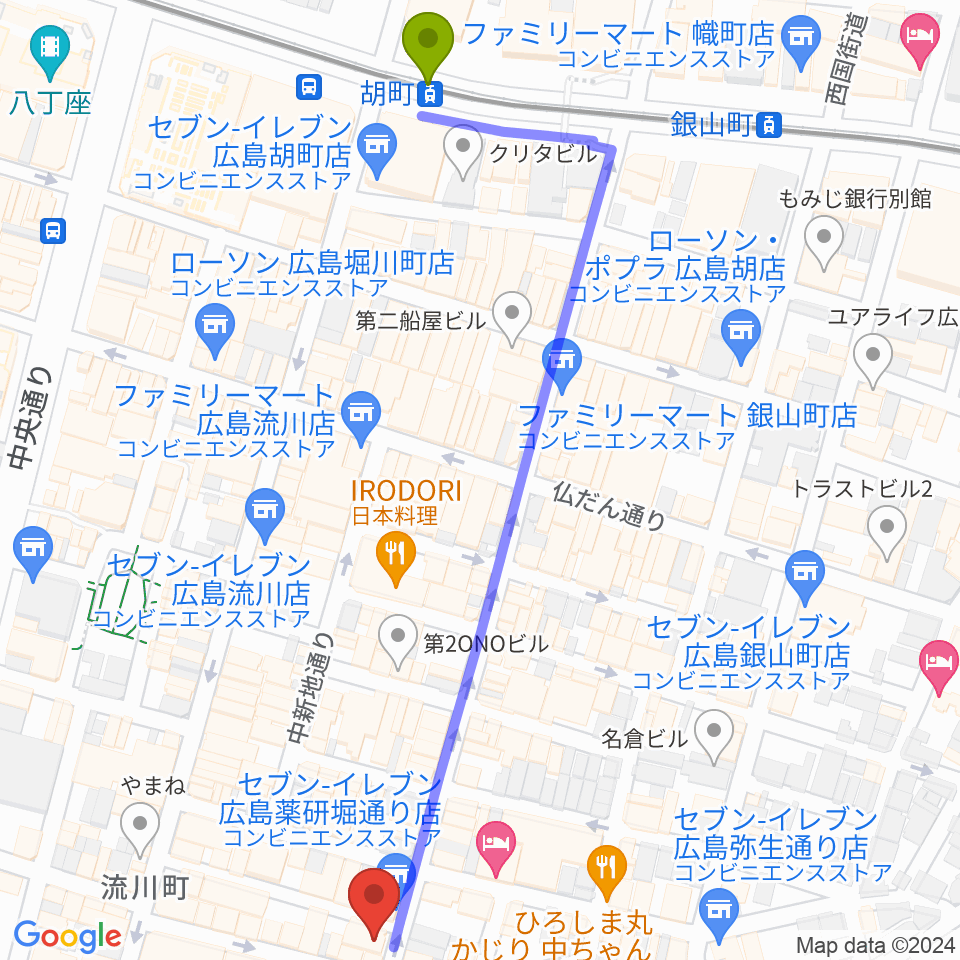 クラブクリーム広島の最寄駅胡町駅からの徒歩ルート（約7分）地図