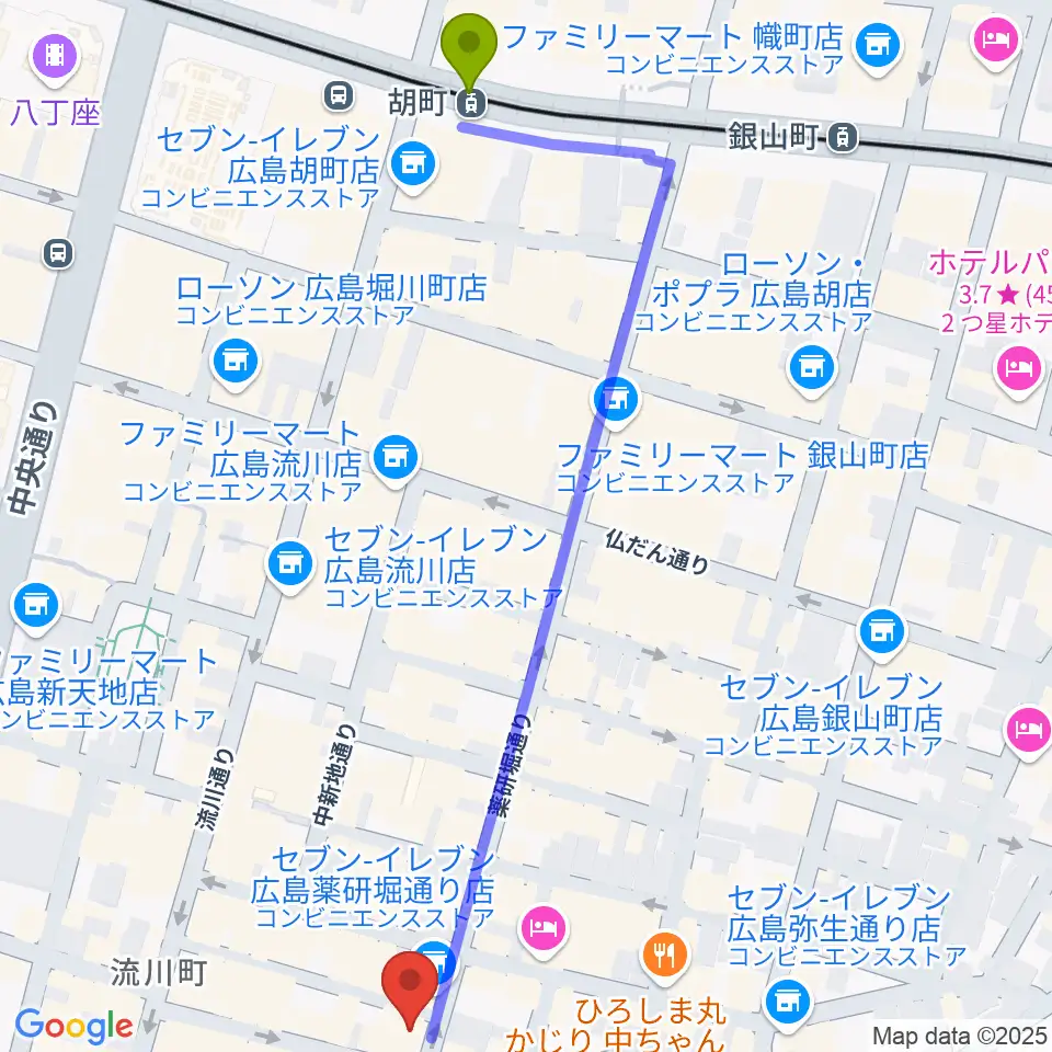 クラブクリーム広島の最寄駅胡町駅からの徒歩ルート（約7分）地図