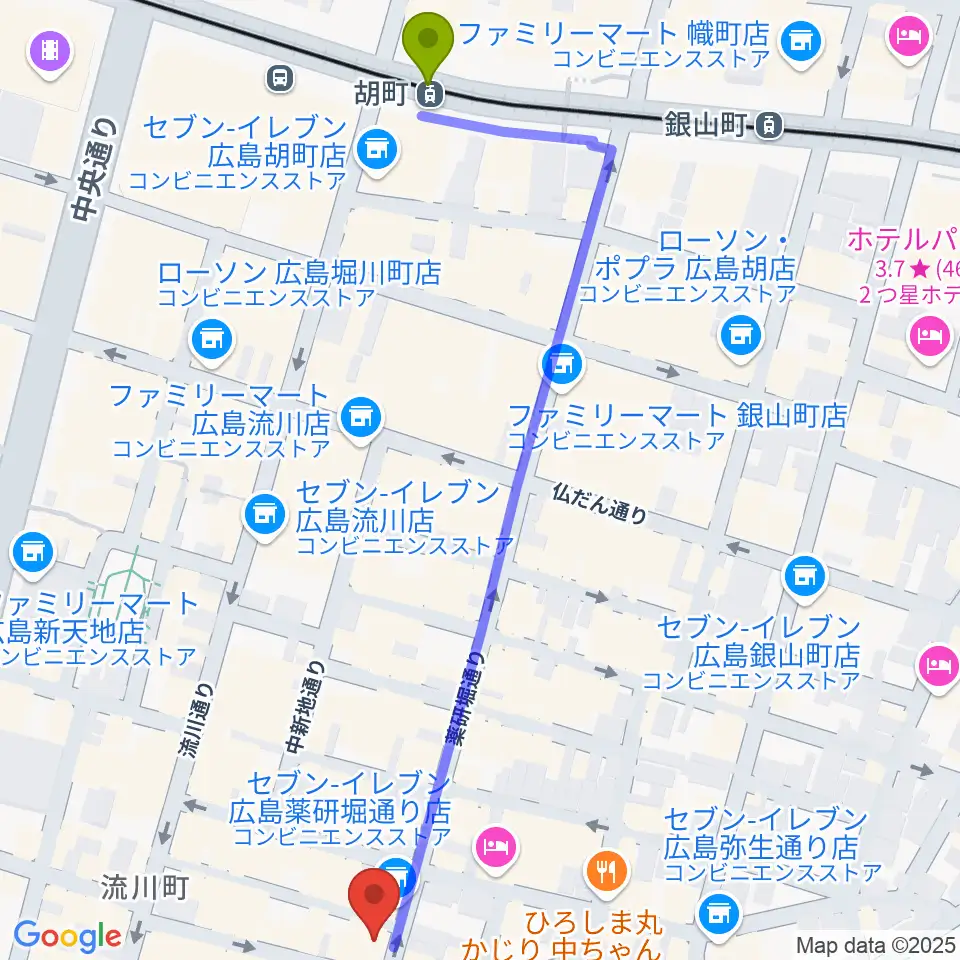 クラブクリーム広島の最寄駅胡町駅からの徒歩ルート（約7分）地図