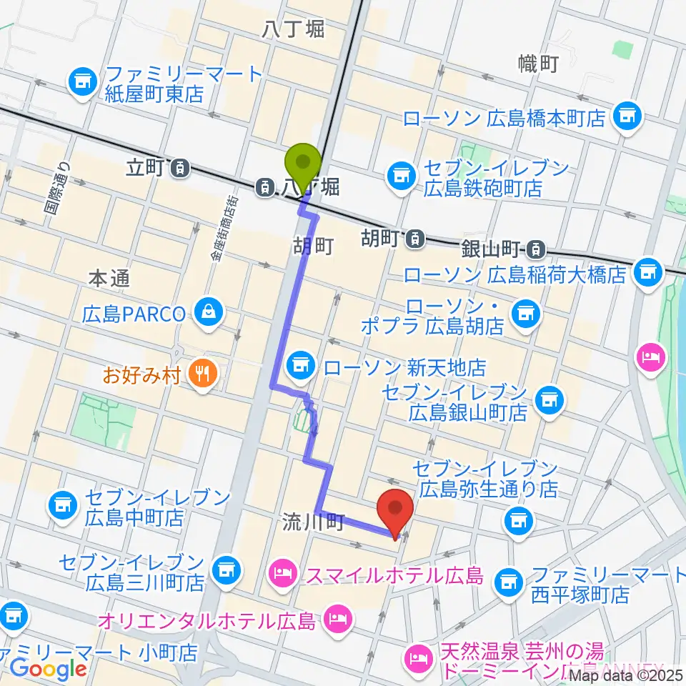 八丁堀駅からクラブクリーム広島へのルートマップ地図