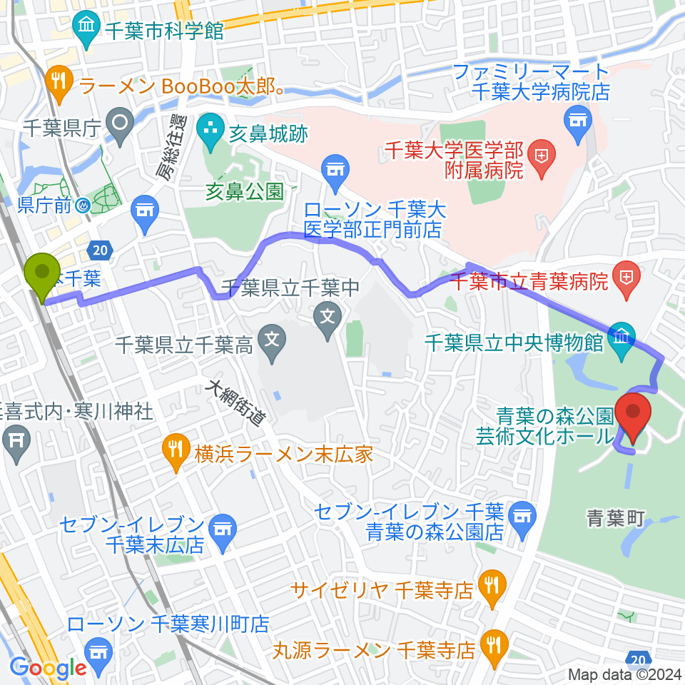 本千葉駅から青葉の森公園芸術文化ホールへのルートマップ地図