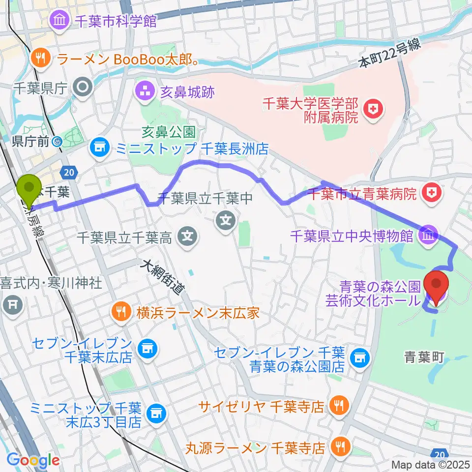 本千葉駅から青葉の森公園芸術文化ホールへのルートマップ地図