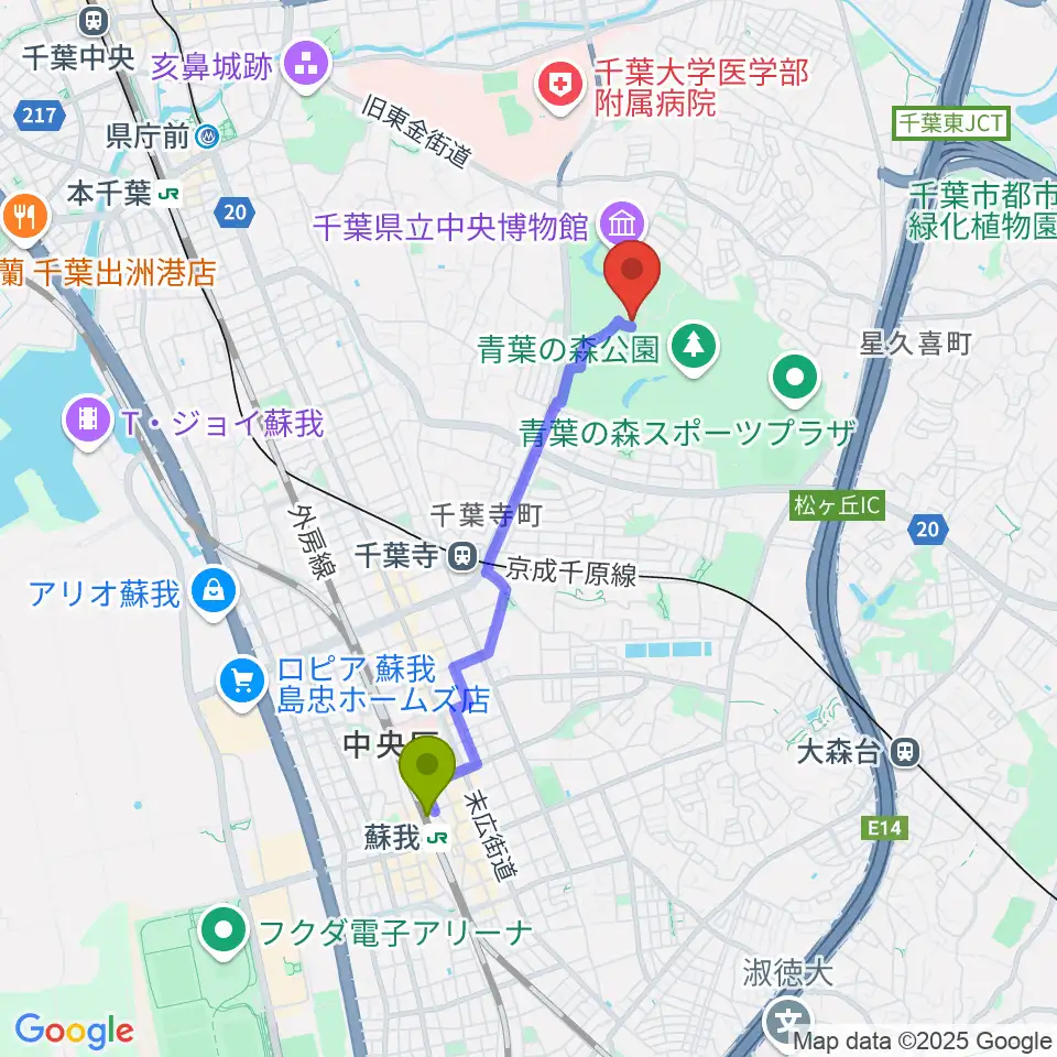 蘇我駅から青葉の森公園芸術文化ホールへのルートマップ地図