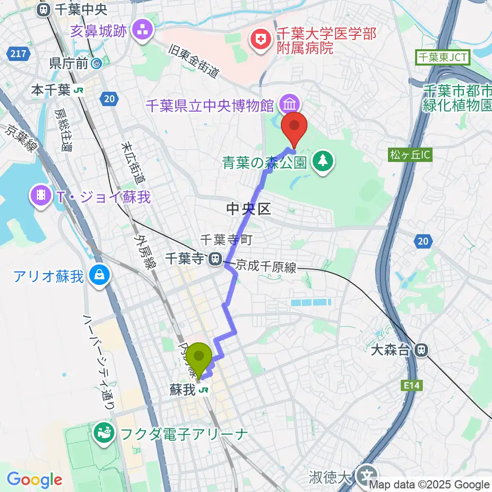蘇我駅から青葉の森公園芸術文化ホールへのルートマップ地図