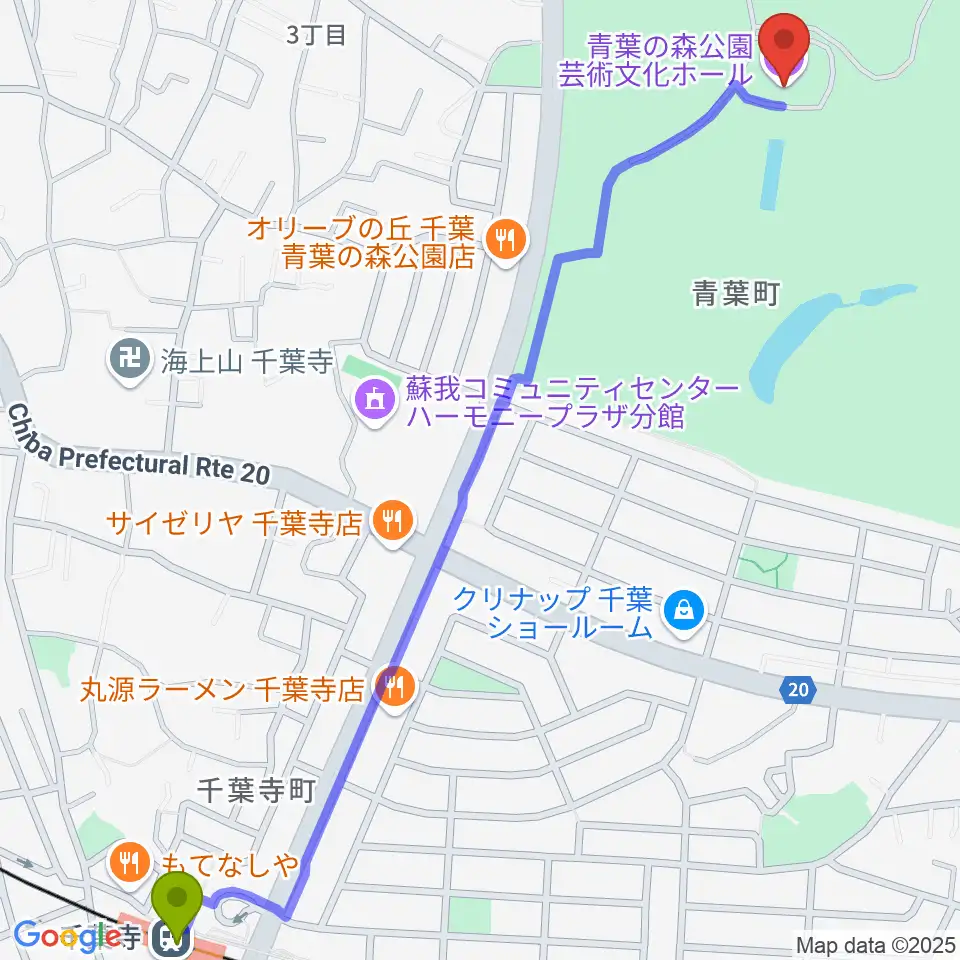 青葉の森公園芸術文化ホールの最寄駅千葉寺駅からの徒歩ルート（約17分）地図