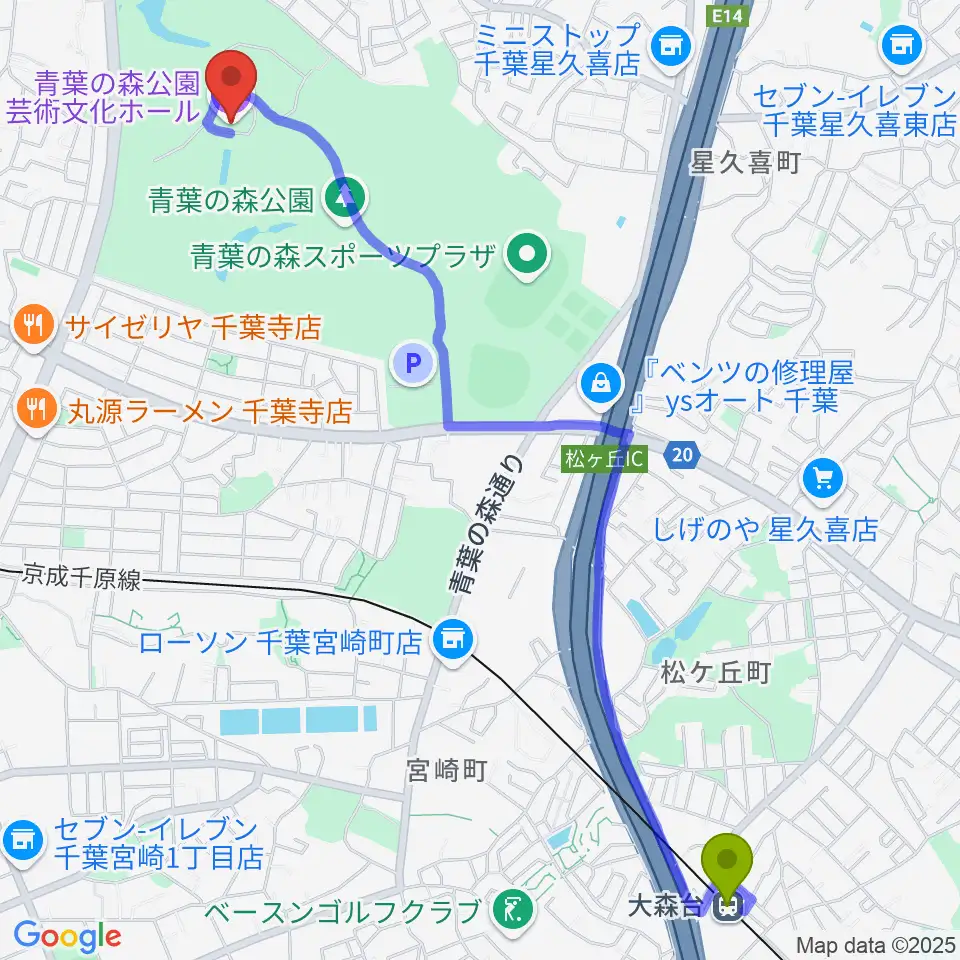 大森台駅から青葉の森公園芸術文化ホールへのルートマップ地図