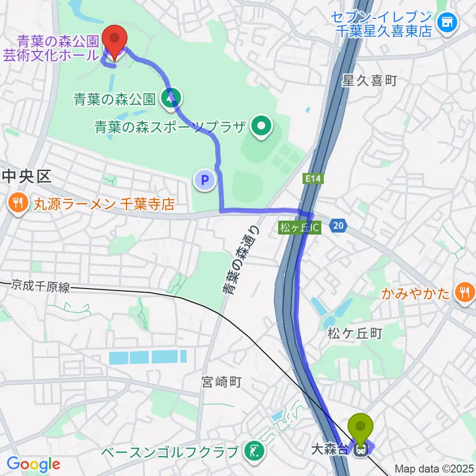 大森台駅から青葉の森公園芸術文化ホールへのルートマップ地図