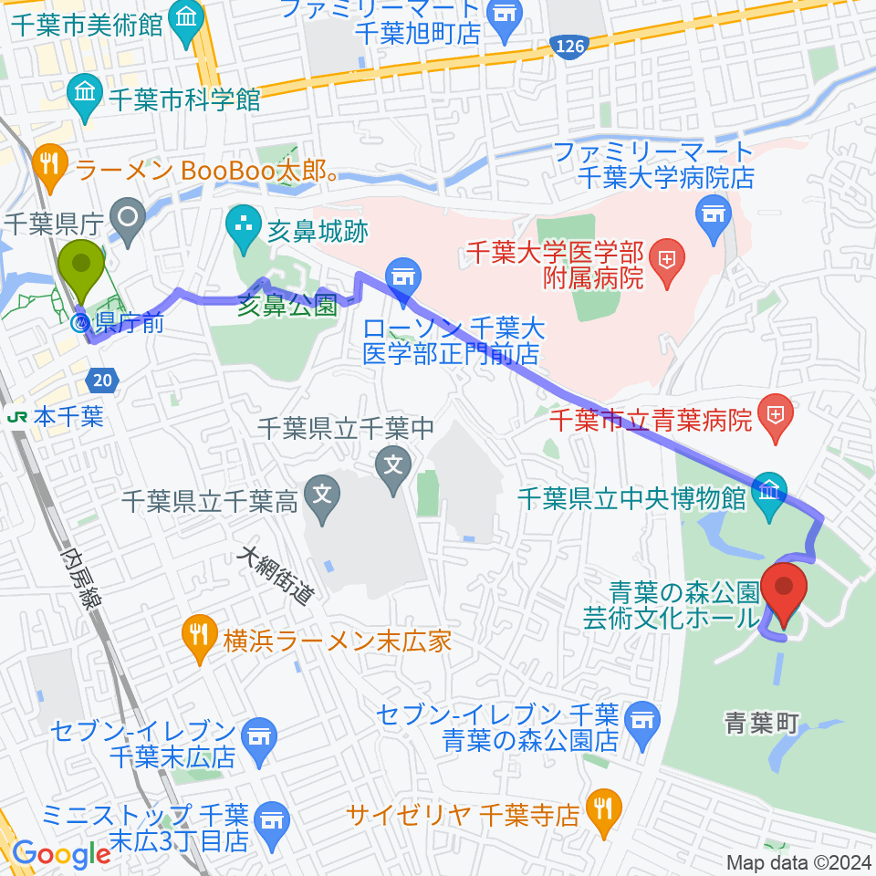 県庁前駅から青葉の森公園芸術文化ホールへのルートマップ地図