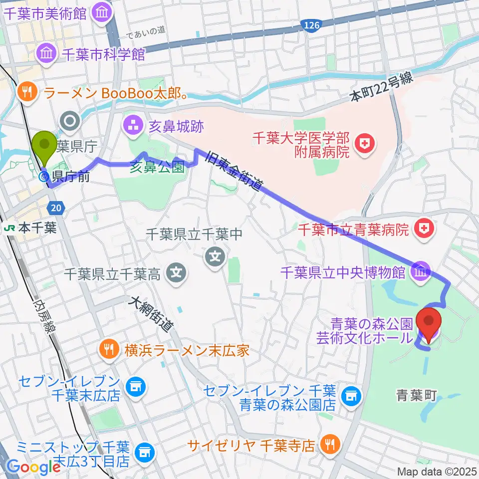 県庁前駅から青葉の森公園芸術文化ホールへのルートマップ地図