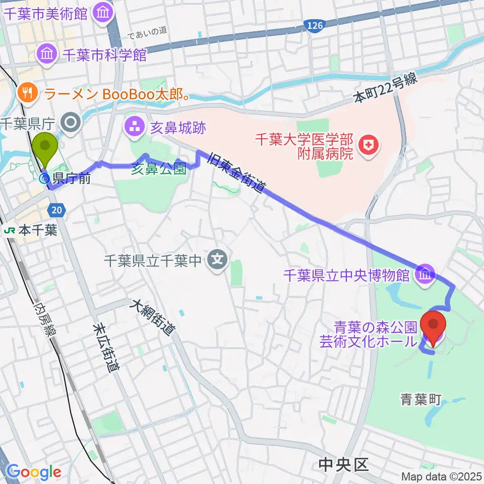 県庁前駅から青葉の森公園芸術文化ホールへのルートマップ地図