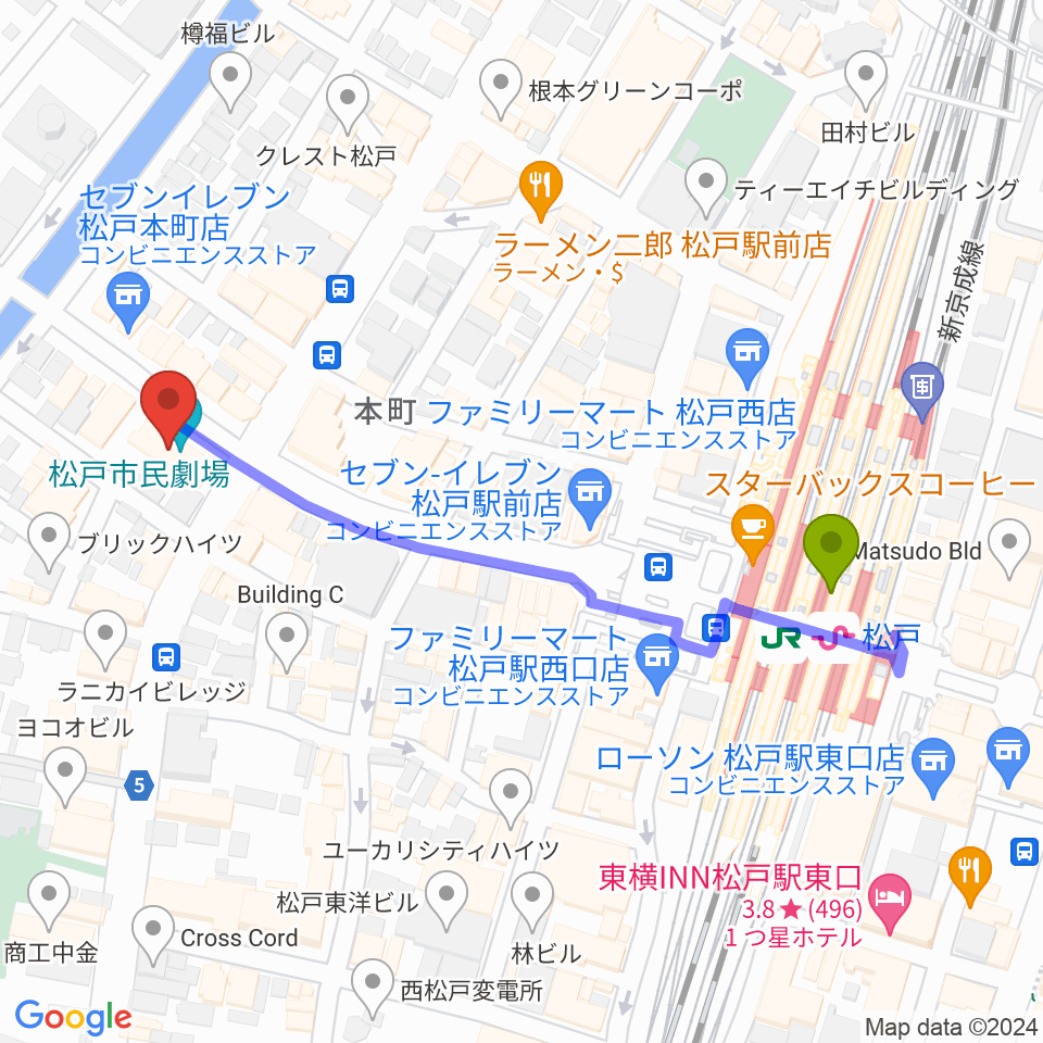松戸市民劇場の最寄駅松戸駅からの徒歩ルート（約5分）地図