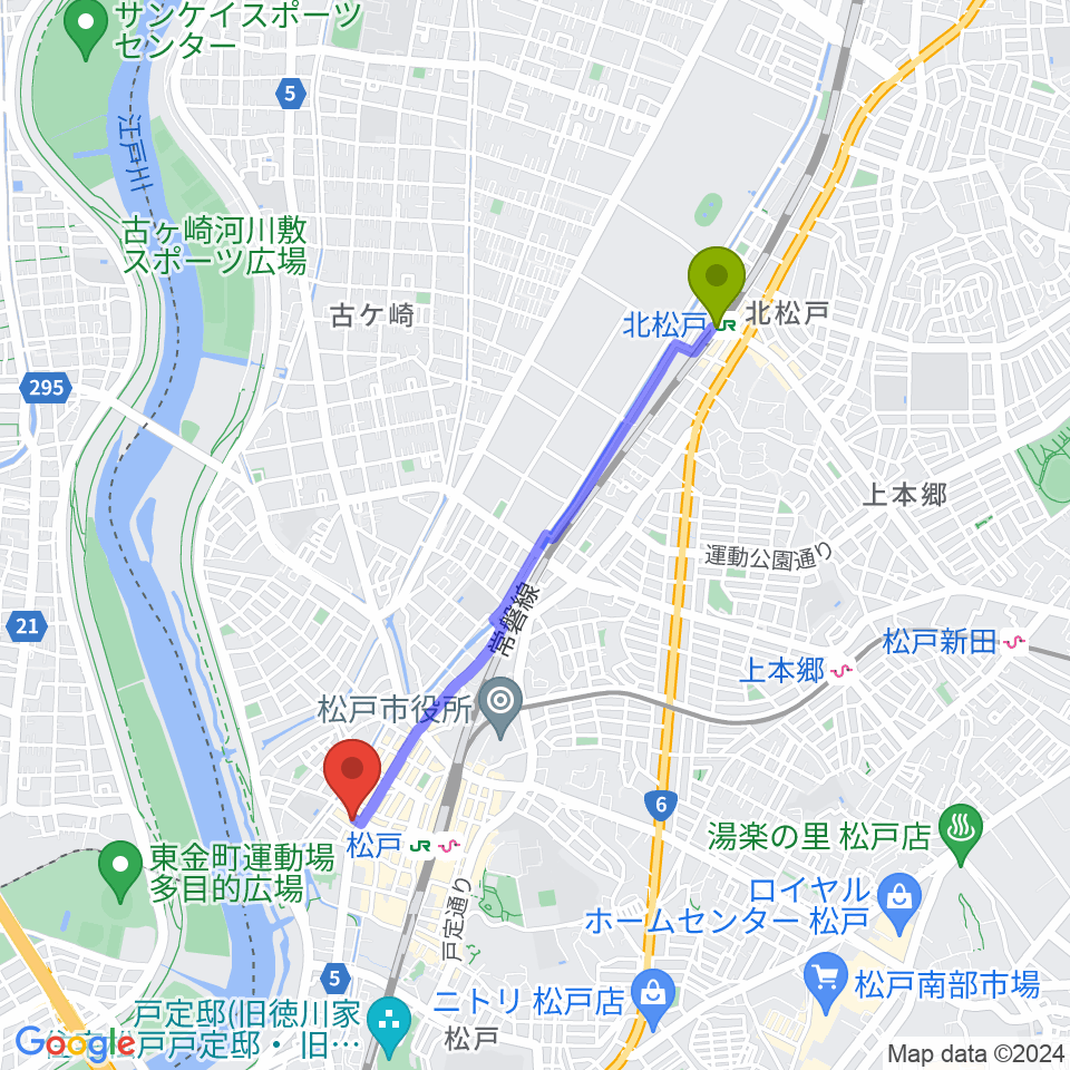 北松戸駅から松戸市民劇場へのルートマップ地図