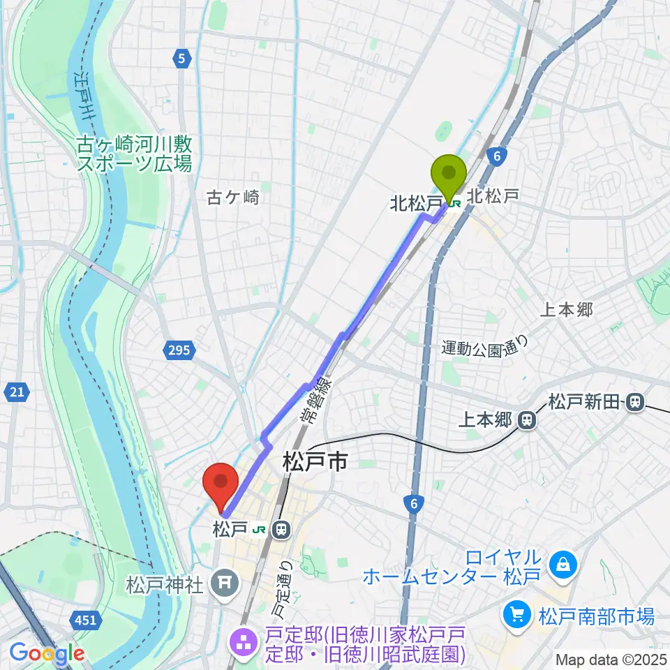 北松戸駅から松戸市民劇場へのルートマップ地図