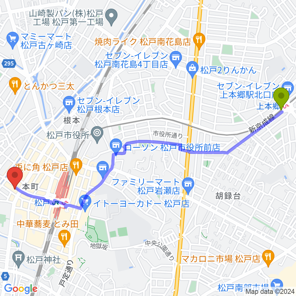 上本郷駅から松戸市民劇場へのルートマップ地図