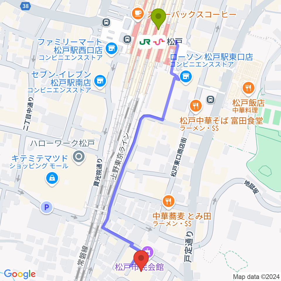 松戸市民会館の最寄駅松戸駅からの徒歩ルート（約7分）地図