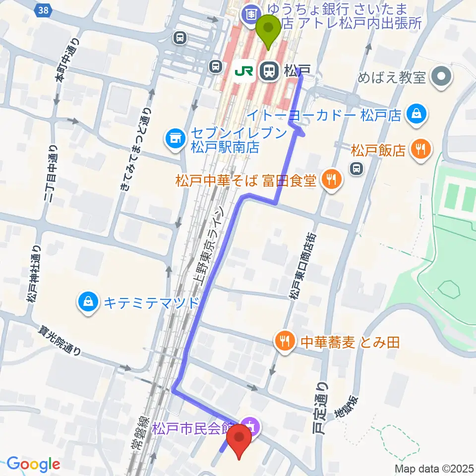 松戸市民会館の最寄駅松戸駅からの徒歩ルート（約7分）地図