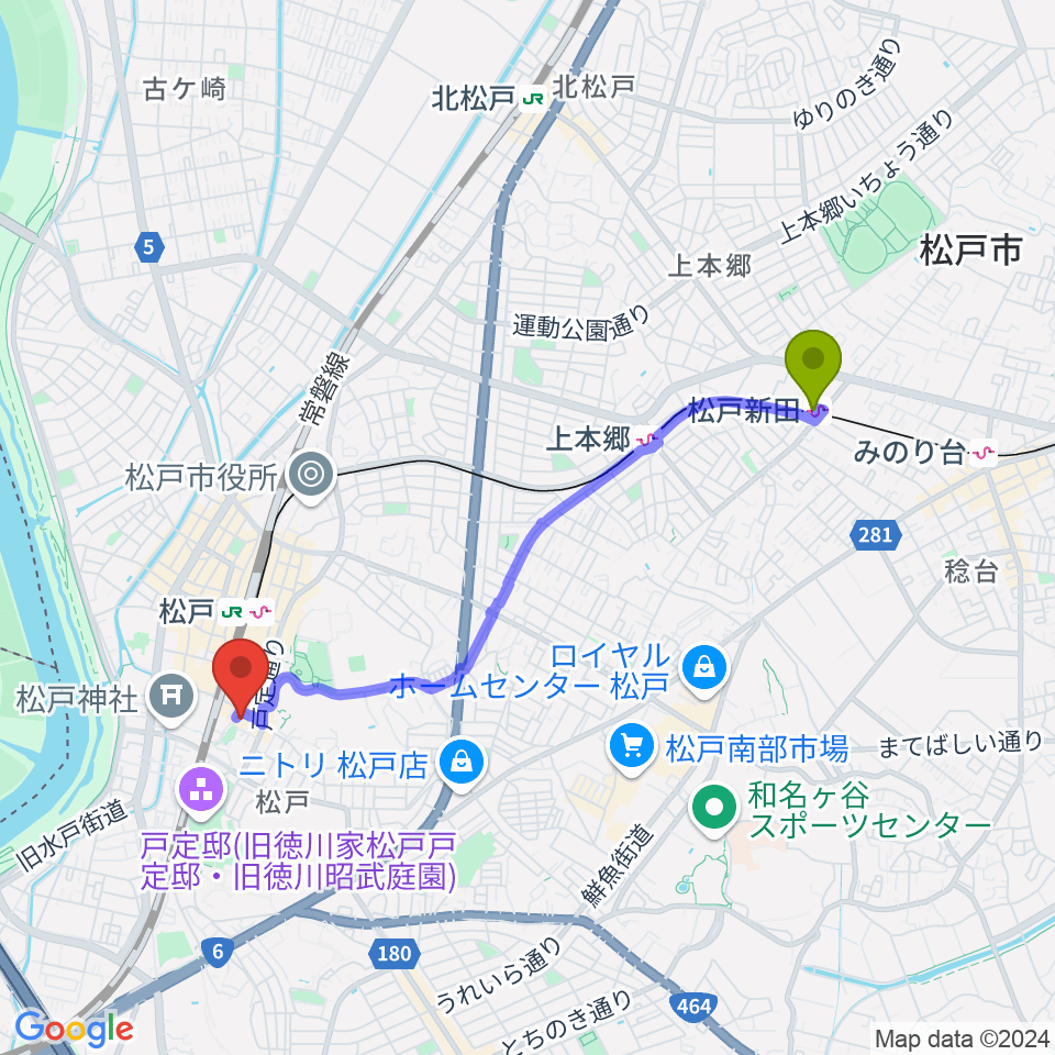 松戸新田駅から松戸市民会館へのルートマップ地図