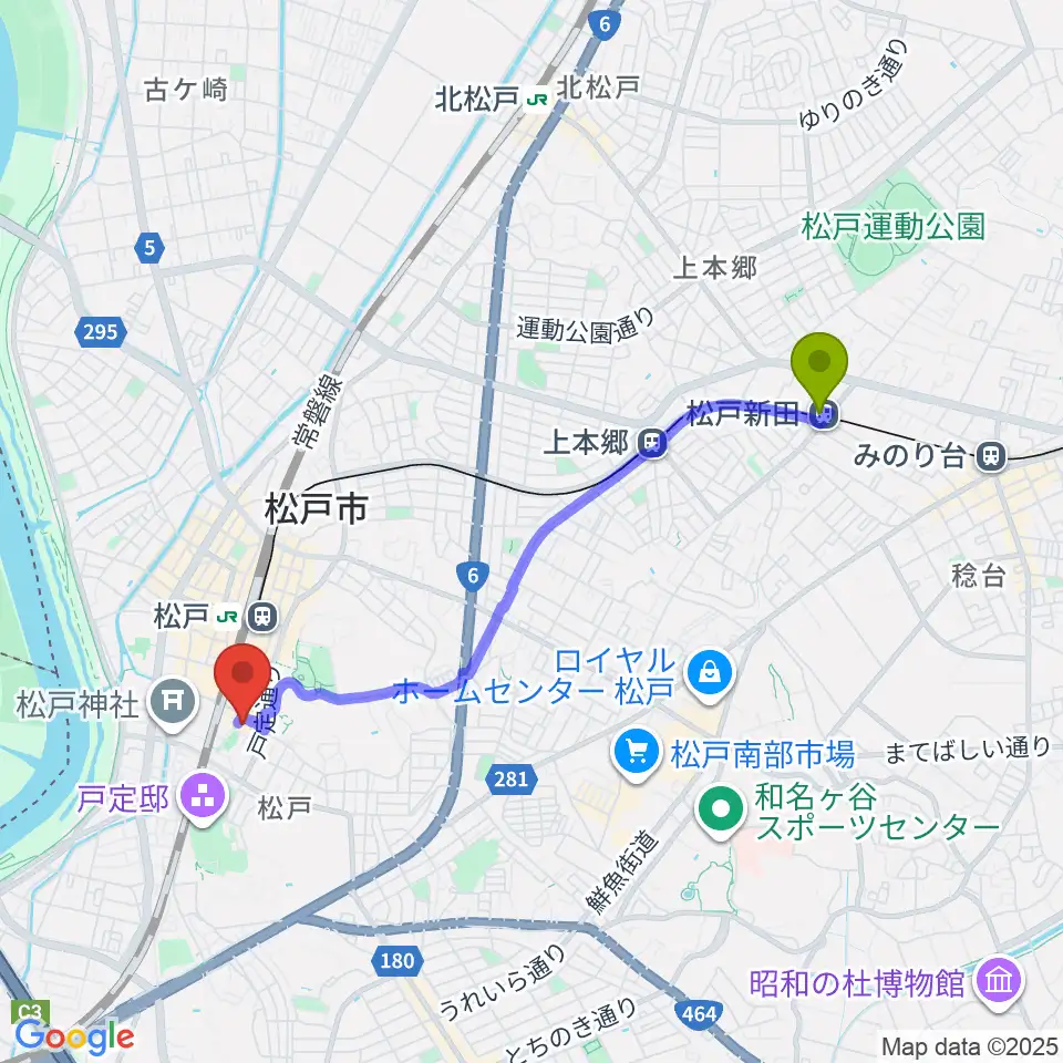 松戸新田駅から松戸市民会館へのルートマップ地図