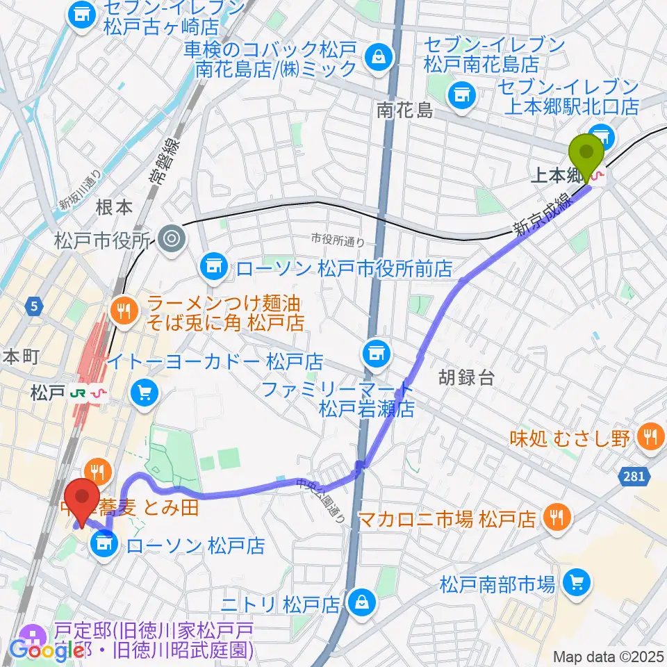 上本郷駅から松戸市民会館へのルートマップ地図