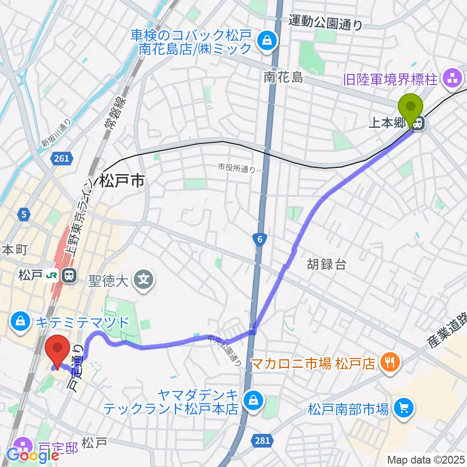 上本郷駅から松戸市民会館へのルートマップ地図