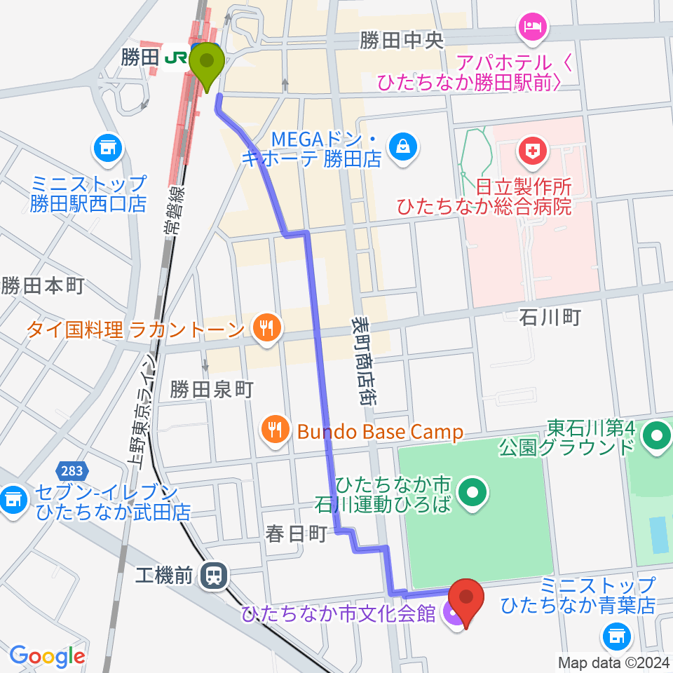 勝田駅からひたちなか市文化会館へのルートマップ地図