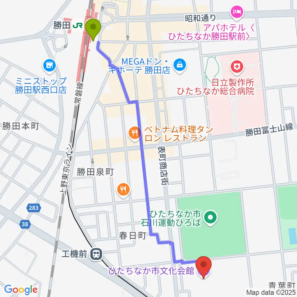 勝田駅からひたちなか市文化会館へのルートマップ地図