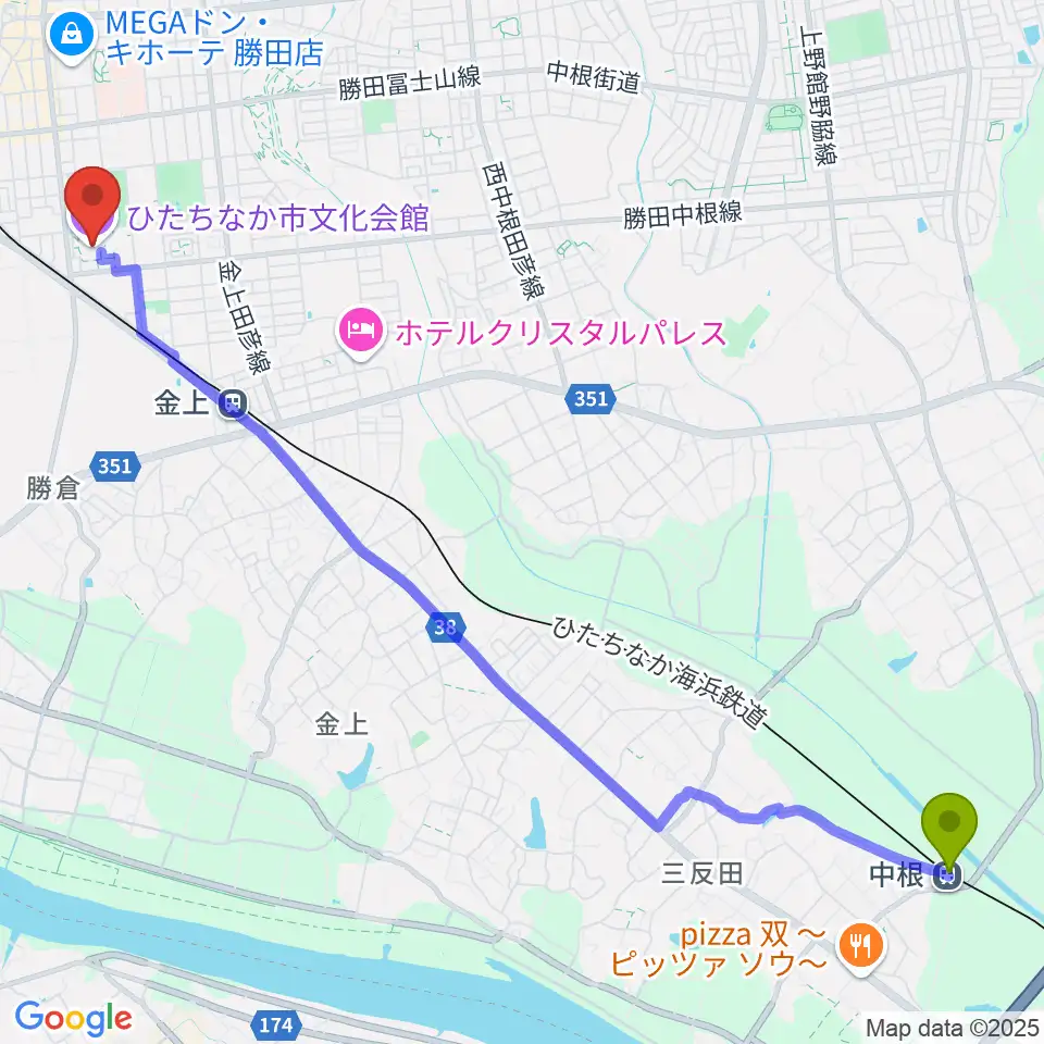 中根駅からひたちなか市文化会館へのルートマップ地図