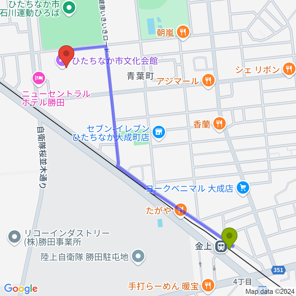 金上駅からひたちなか市文化会館へのルートマップ地図