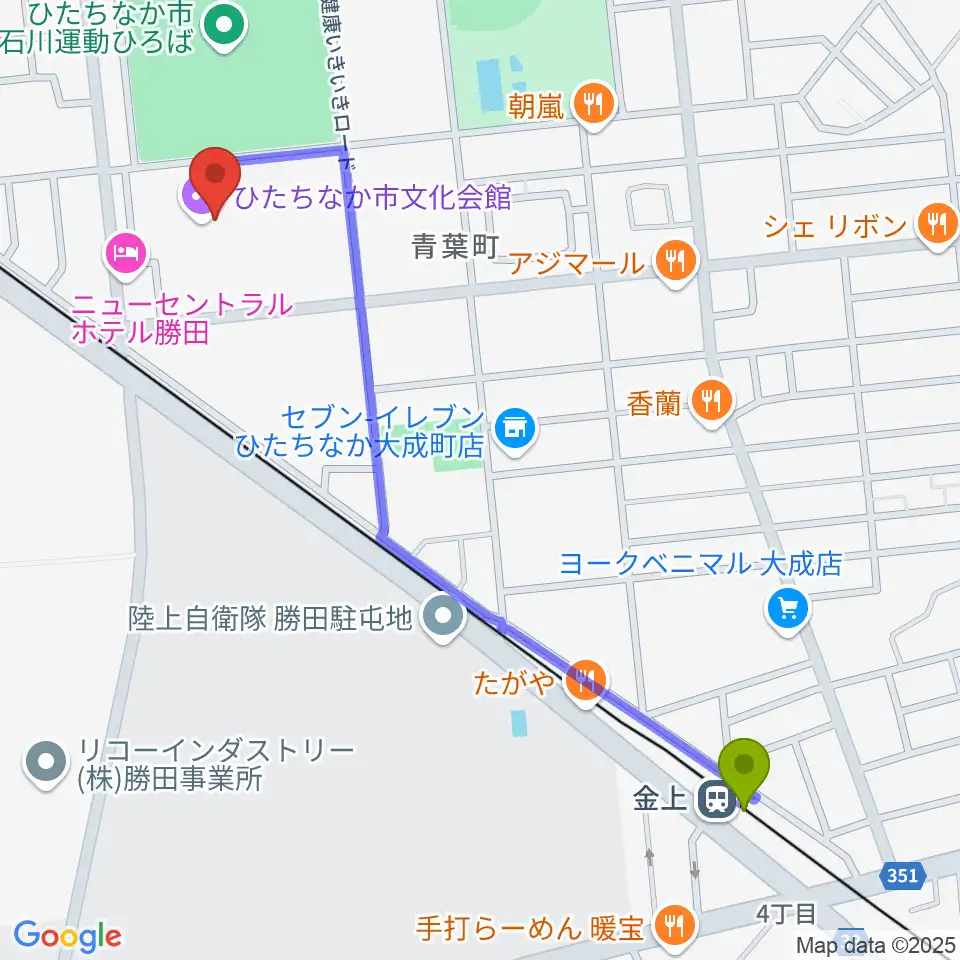 金上駅からひたちなか市文化会館へのルートマップ地図