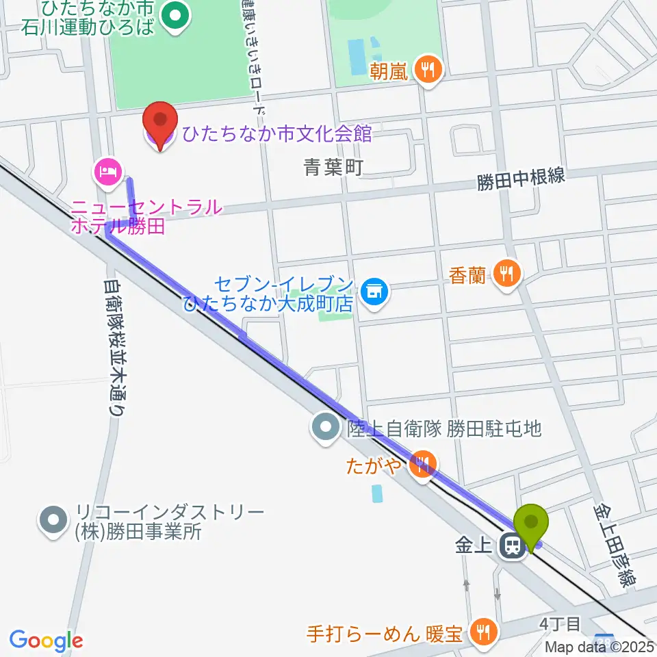 金上駅からひたちなか市文化会館へのルートマップ地図