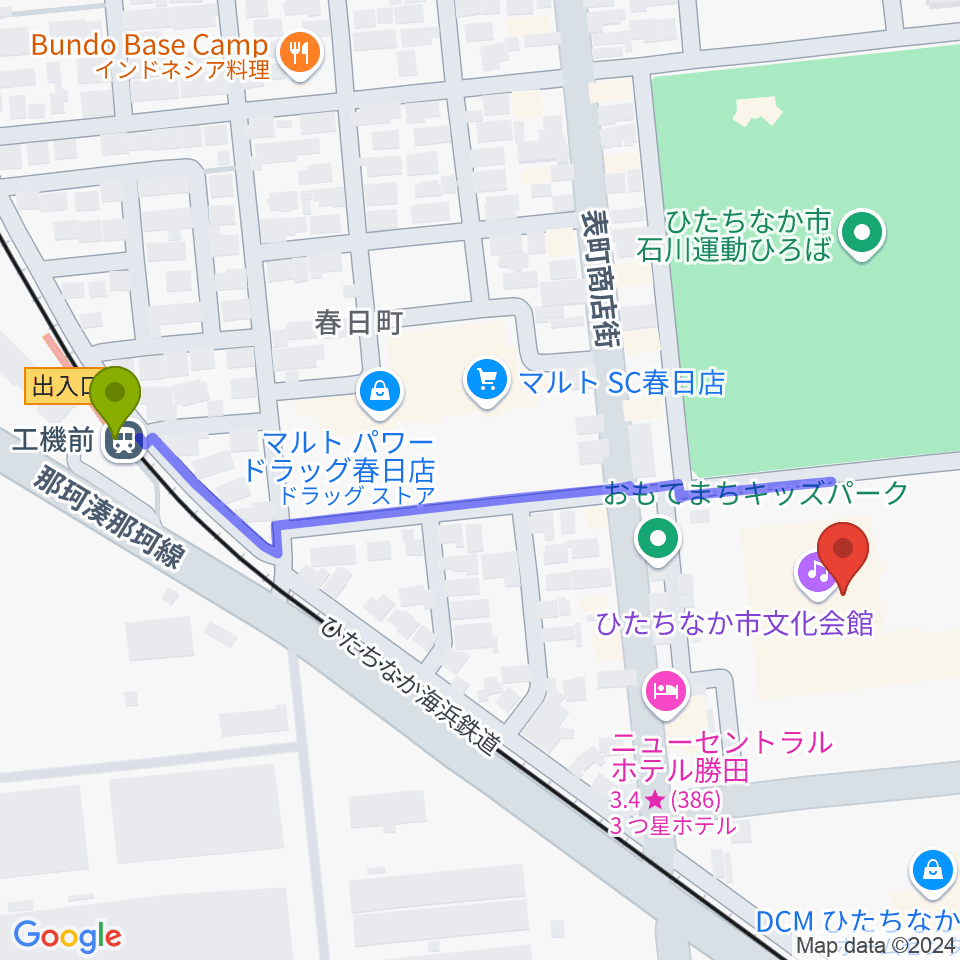 ひたちなか市文化会館の最寄駅工機前駅からの徒歩ルート（約6分）地図