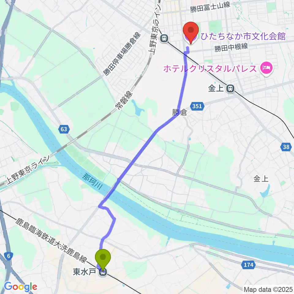 東水戸駅からひたちなか市文化会館へのルートマップ地図