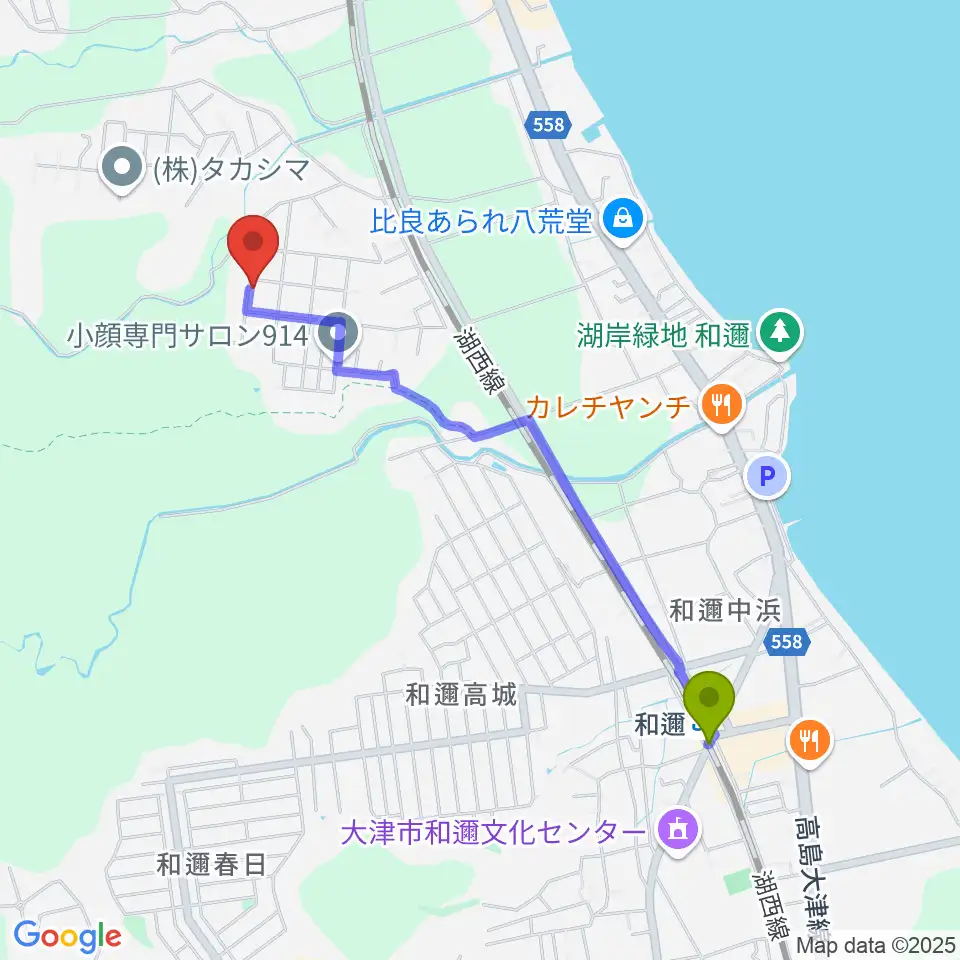 BOSCO MUSICの最寄駅和邇駅からの徒歩ルート（約21分）地図