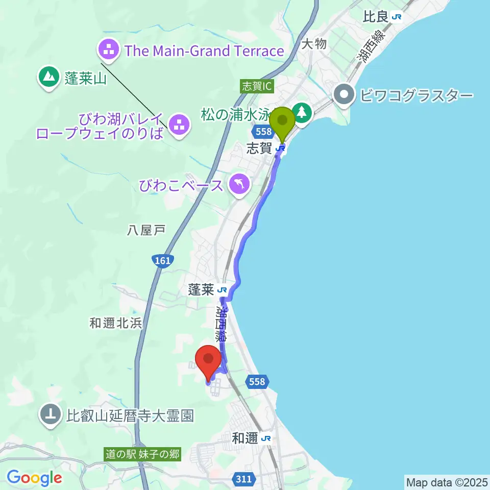 志賀駅からBOSCO MUSICへのルートマップ地図