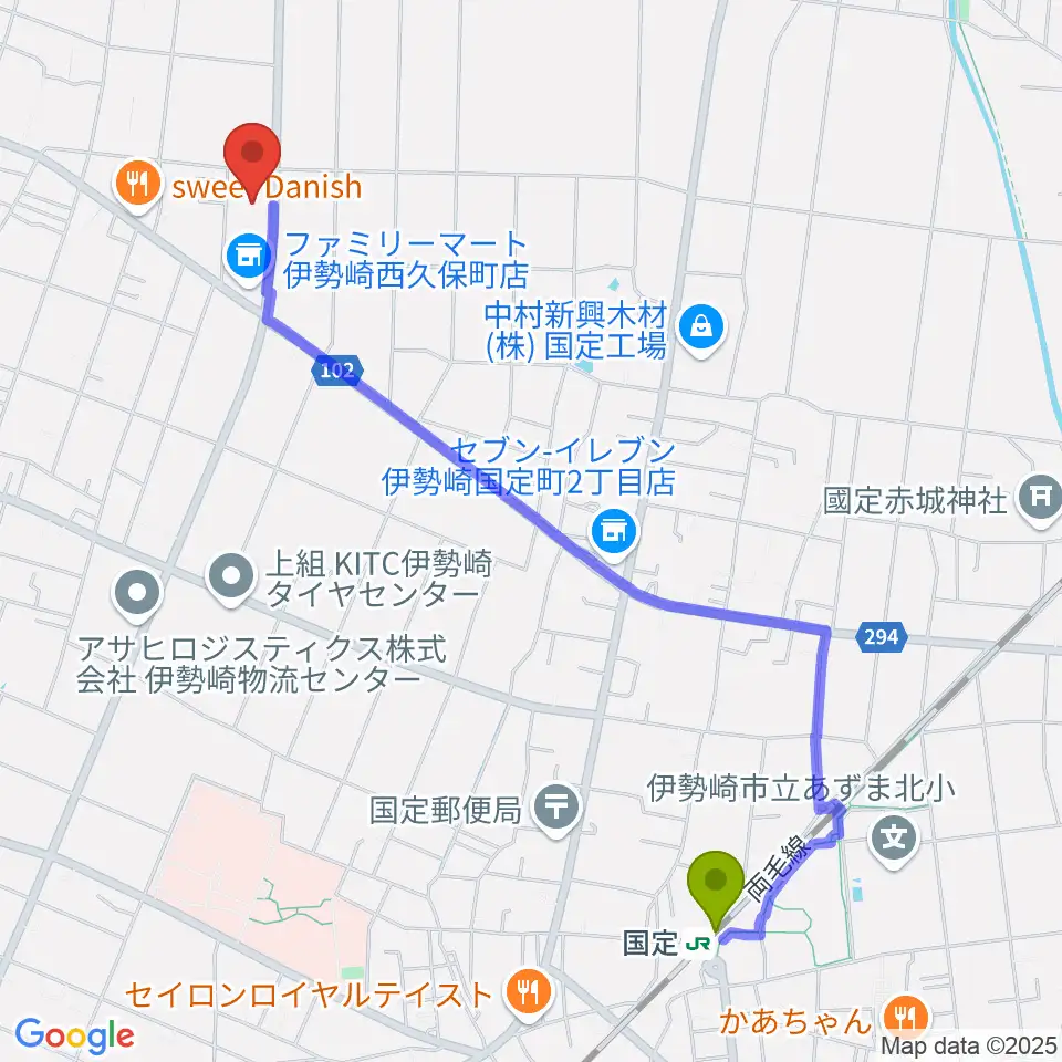 ワイズスタジオの最寄駅国定駅からの徒歩ルート（約25分）地図