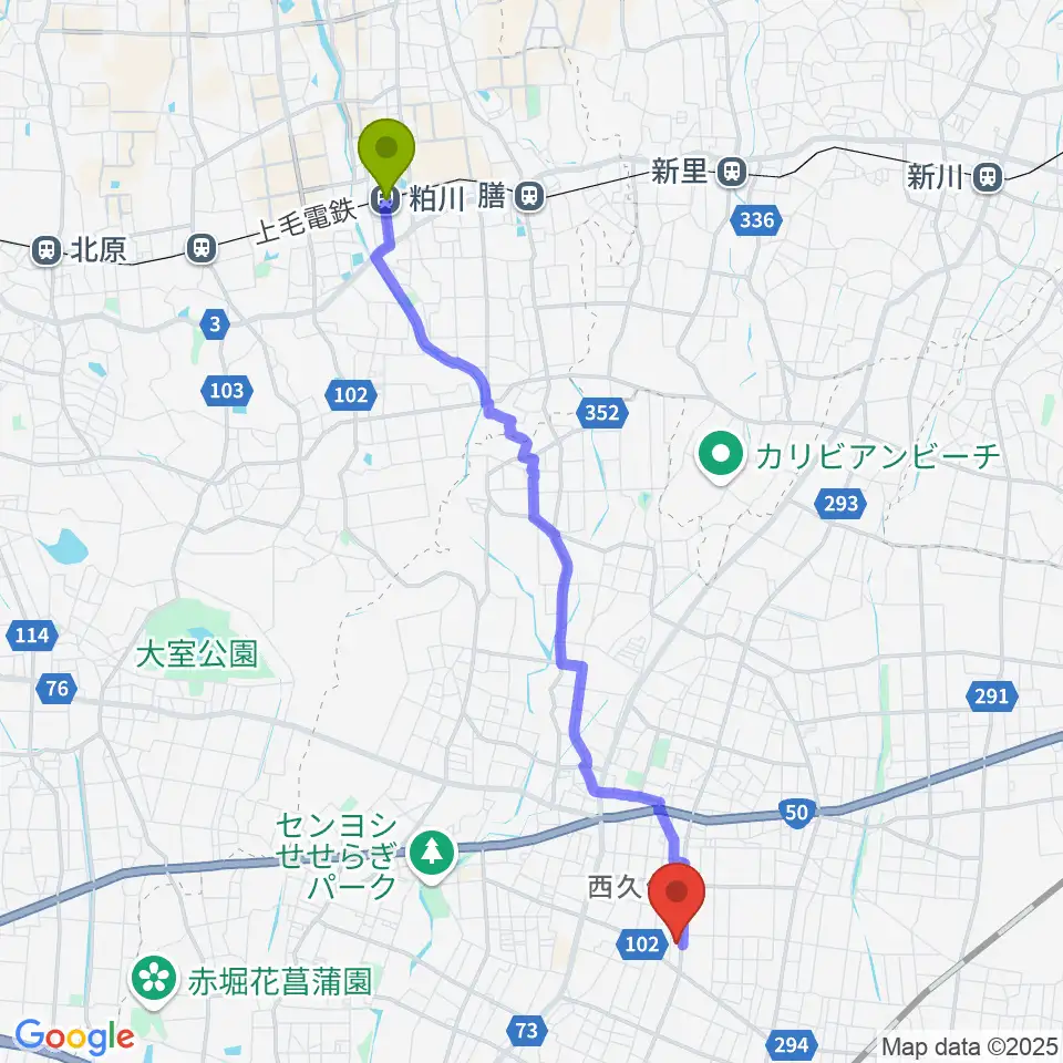 粕川駅からワイズスタジオへのルートマップ地図
