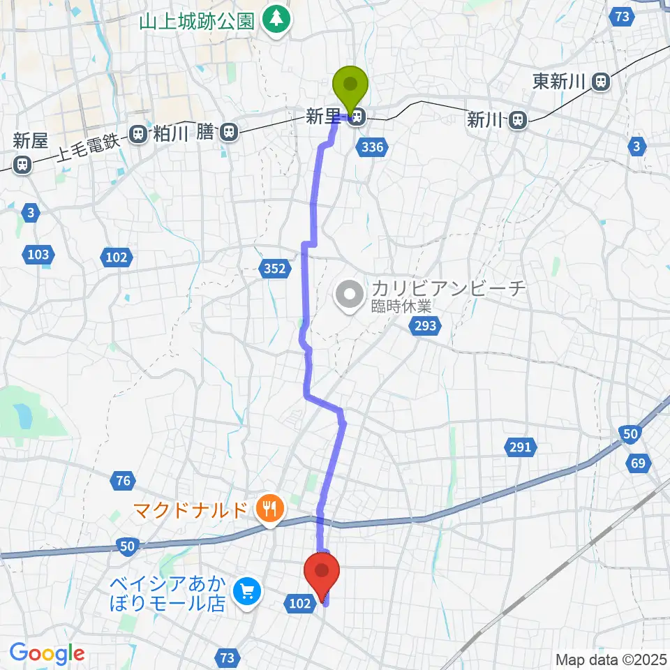 新里駅からワイズスタジオへのルートマップ地図