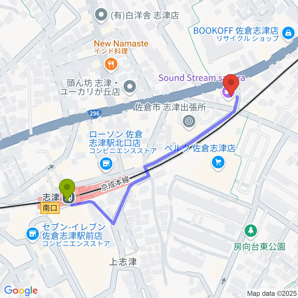 Sound Stream sakuraの最寄駅志津駅からの徒歩ルート（約5分）地図