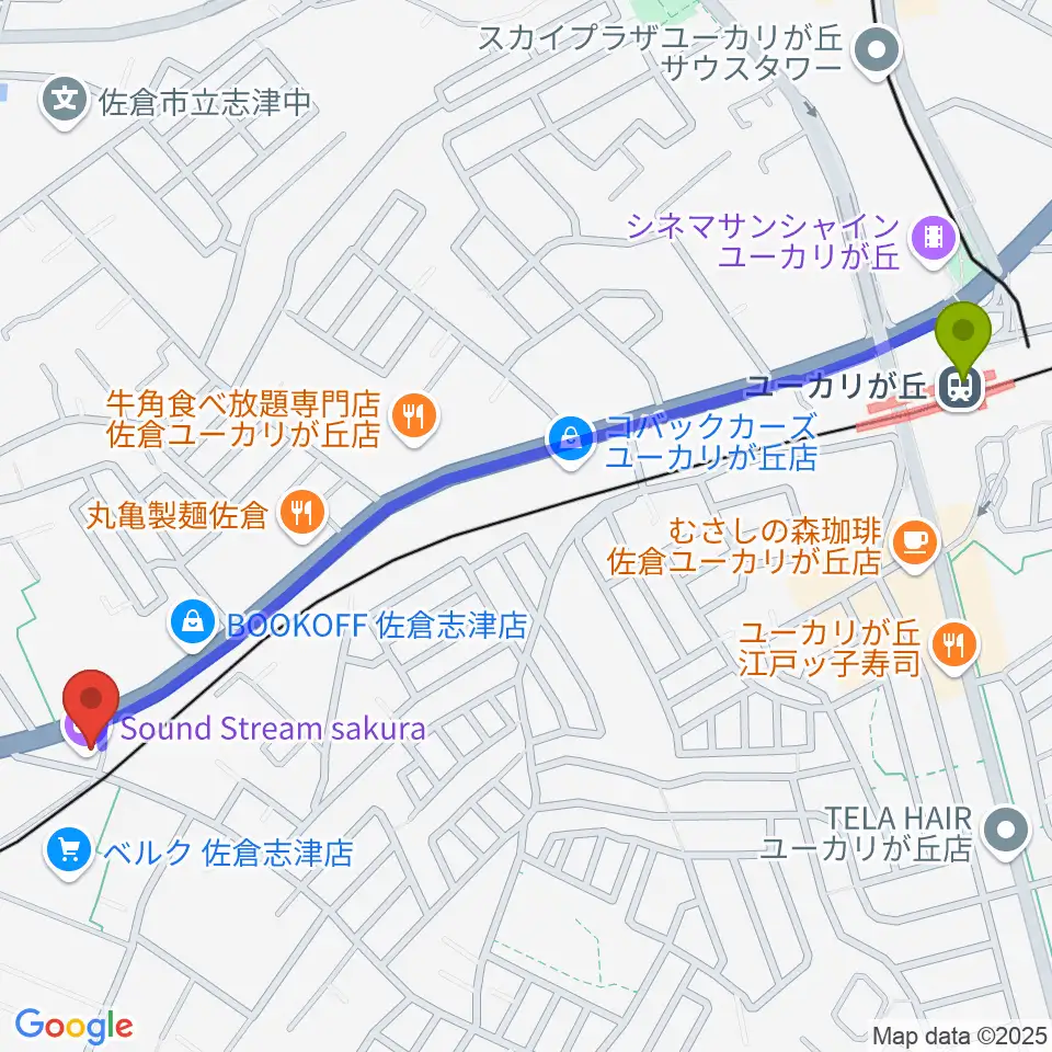ユーカリが丘駅からSound Stream sakuraへのルートマップ地図