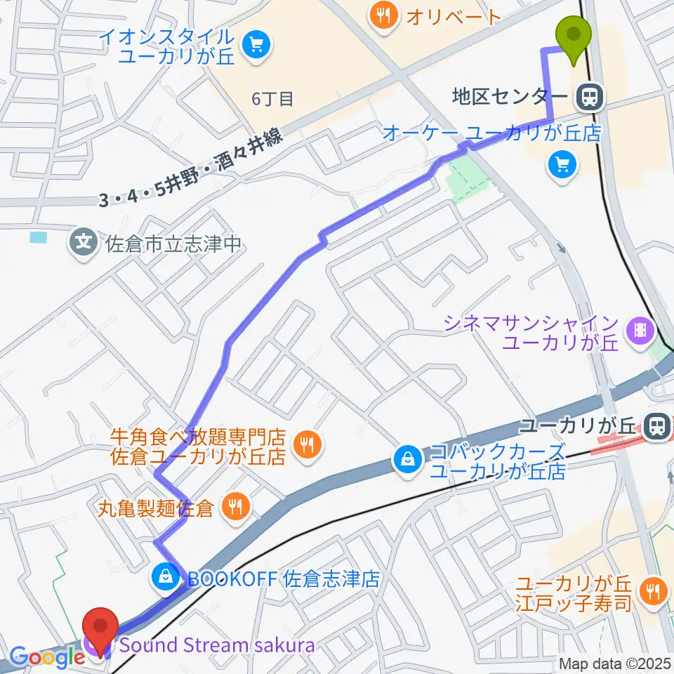 地区センター駅からSound Stream sakuraへのルートマップ地図