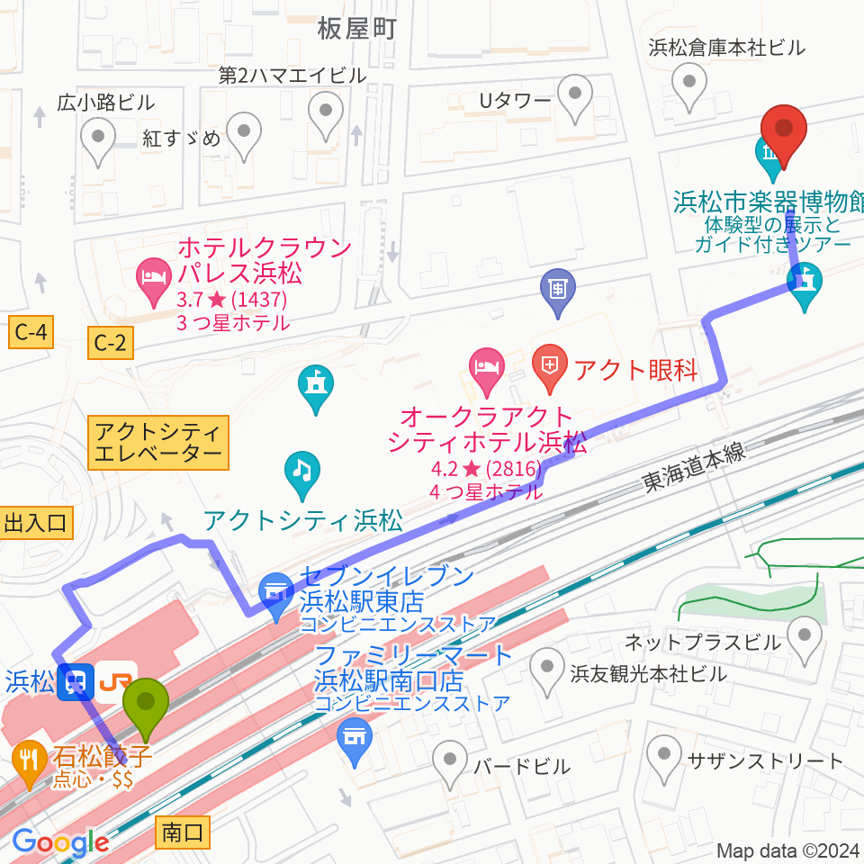 アクトシティ浜松 研修交流センターの最寄駅浜松駅からの徒歩ルート（約8分）地図