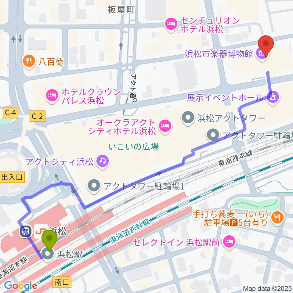 アクトシティ浜松 研修交流センターの最寄駅浜松駅からの徒歩ルート（約8分）地図